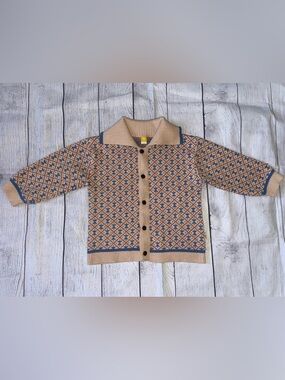 MoiMoln Beige and Blue Patterned Knit Collared Cardigan Sweater